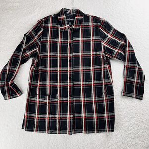 Long Line Jacket Shacket Shirt Snap Linen Blend Black Plaid Women's size 10